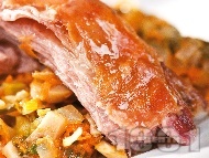 Рецепта Печено агнешко месо с гъби печурки, киселец и зеленчуци на фурна